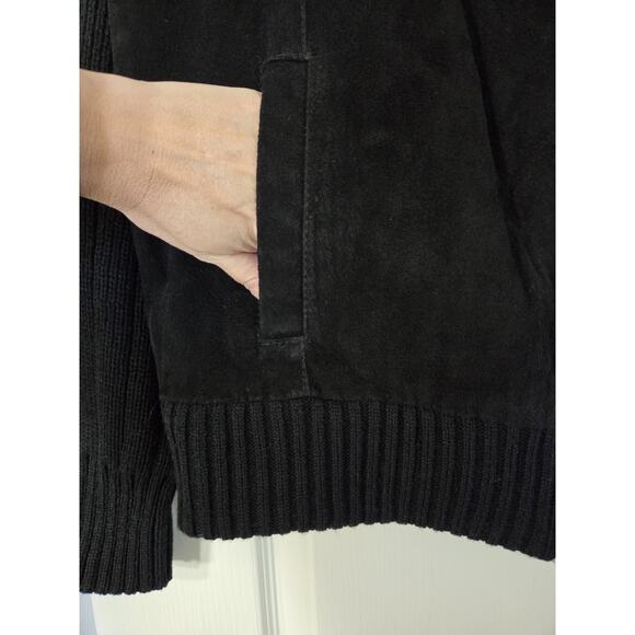 Vintage Cactus Black Leather Front Zip Knit Sweater Bomber Jacket, Men's Medium - Picture 7 of 13